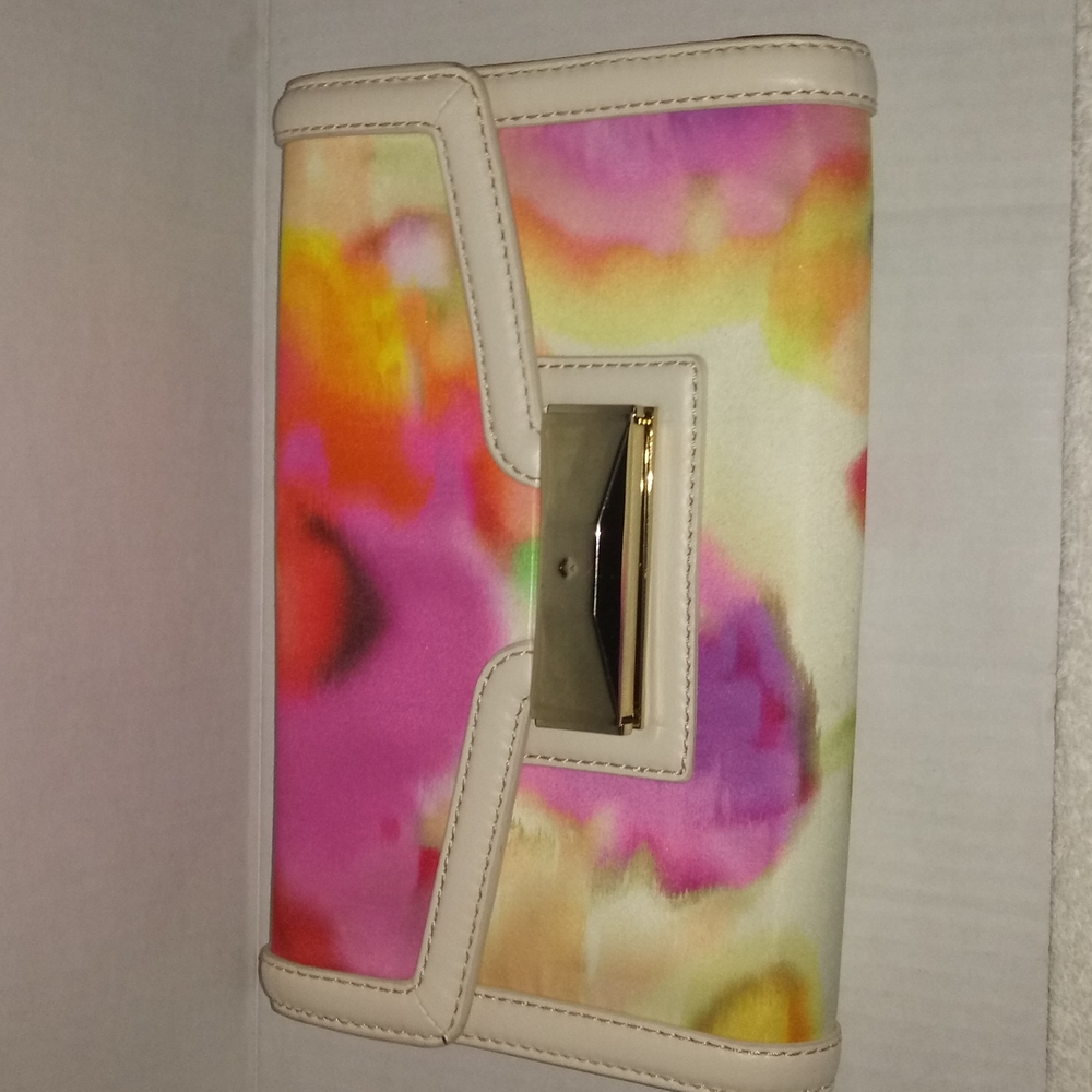 KATE SPADE MULTI COLOR SATIN CLUTCH WITH LEATHER TRIM - Picture 9 of 13